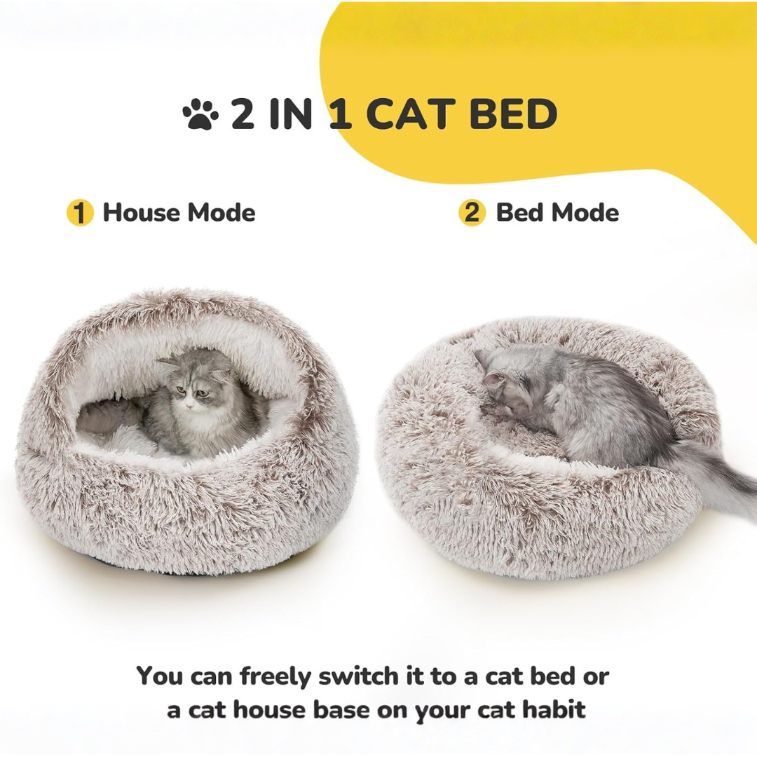 Calming Hooded Cat Bed – Anti-Anxiety Plush Cave & Self-Warming Nest