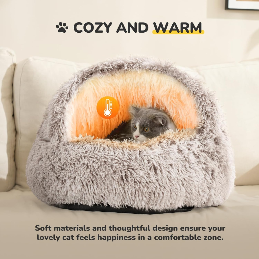 Calming Hooded Cat Bed – Anti-Anxiety Plush Cave & Self-Warming Nest