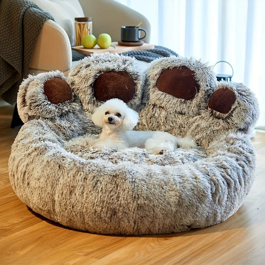 Ultra-Soft Fluffy Plush Dog Bed – Calming Bear Paw & Winter Nest
